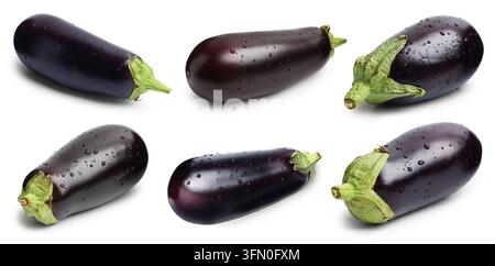 Fresh eggplants with water drops isolated on white, set Stock Photo