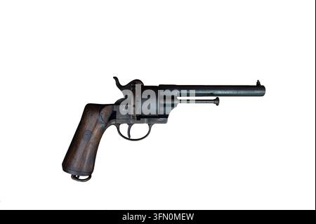 Lefaucheux pinfire revolver, side view, isolated on white background. Stock Photo