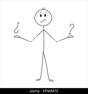 Minimal black and white stick figure with a confused expression and question marks on both sides. Simple hand-drawn line art illustration representing Stock Vector