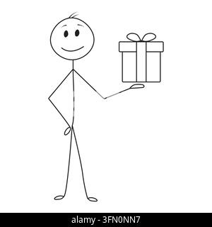stick figure illustration of a smiling cartoon character presenting a wrapped gift box. Perfect for birthday celebrations, Christmas, holidays, gift Stock Vector