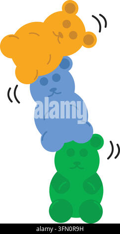 A playful illustration featuring three colorful gummy bears in yellow, blue, and green balanced on top of each other. Stock Vector