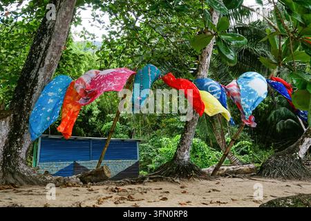 Brightly colored tie-dyed sarongs for sale flutter in the breeze on a line strung between trees behind the beach at Englishman's Bay on the north coast of Tobago, Trinidad and Tobago. Stock Photo