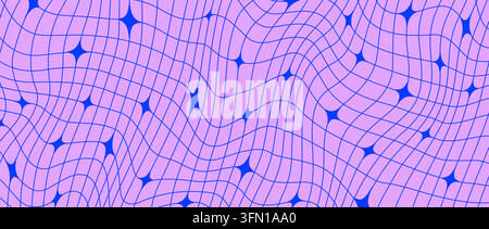Y2k trippy sparkle wavy wireframe background. Distorted grid mesh pattern with stars. Monochrome groovy twinkle and checkered wallpaper. Vector geometric nostalgic aesthetic checkerboard tile texture Stock Vector