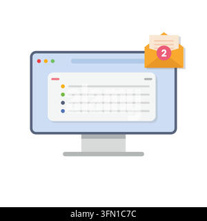 An illustration of a desktop computer screen with an open web dashboard and an envelope icon showing two new unread messages. Stock Vector