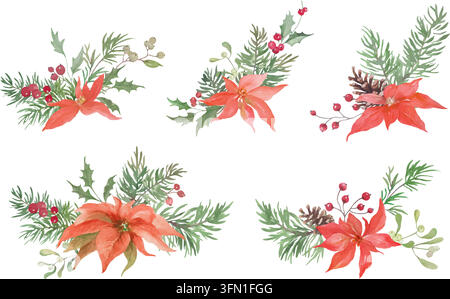 Watercolor Christmas Bouquets with Red Poinsettia, Fir Branches, Holly, Mistletoe and Pinecones. Festive Floral Clipart Set Vector EPS Stock Vector
