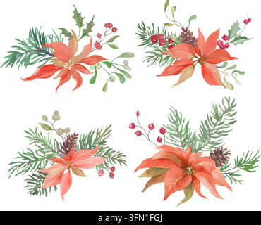 Watercolor Christmas Bouquets with Red Poinsettia, Fir Branches, Holly, Mistletoe and Pinecones. Festive Floral Clipart Set Vector EPS Stock Vector