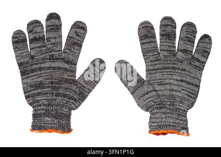 Knitted work gloves isolated on a white background. A pair of gray gloves close-up. Stock Photo