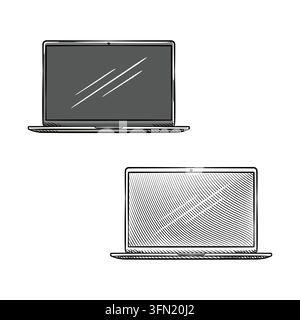 Hand-drawn front view vector illustration of open laptops with detailed line art screens. This clean monochrome sketch is ideal for interface mockups, Stock Vector
