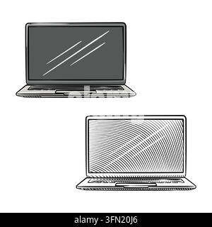 Hand-drawn sketch vector illustration of open laptops with detailed line art screens. Perfect for technology web design, business presentations, educa Stock Vector