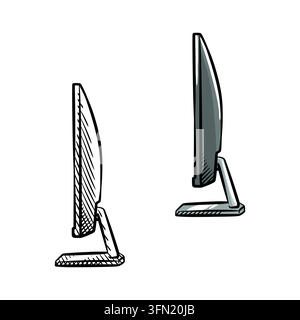 Hand-drawn side view vector illustration of computer monitors in a detailed line art style. This minimalist monochrome profile sketch is perfect for t Stock Vector