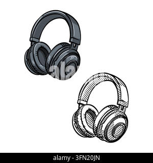 Hand-drawn perspective vector illustration of over-ear wireless headphones in a detailed line art sketch style. Ideal for music blogs, podcast infogra Stock Vector