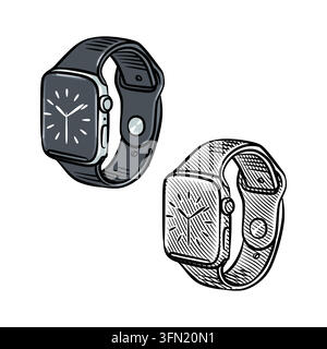 Hand-drawn perspective vector illustration of smartwatches with an analog interface display in a detailed line art sketch style. This clean monochrome Stock Vector