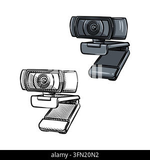 Hand-drawn perspective vector illustration of an external computer webcam in a detailed line art sketch style. Ideal for video conference guides, live Stock Vector