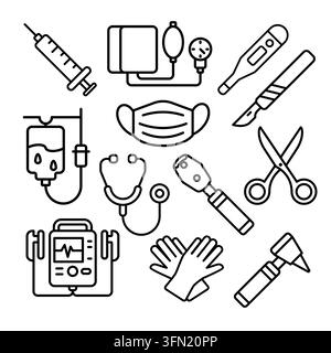 A comprehensive set of modern black line medical equipment icons featuring doctor tools, emergency instruments, and healthcare elements. Perfect for U Stock Vector