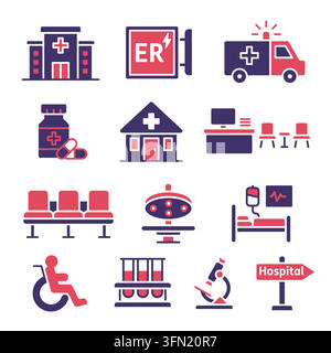 A comprehensive set of modern two-tone red and navy blue hospital icons featuring medical facilities, emergency equipment, and clinic elements. Perfec Stock Vector