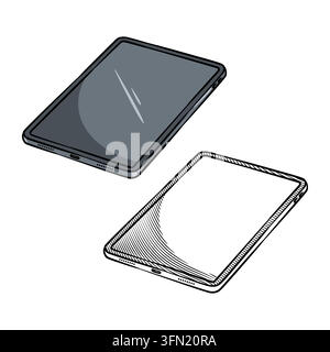 Hand-drawn perspective vector illustration of digital tablet devices in a detailed line art sketch style. Perfect for mobile app mockups, technology g Stock Vector
