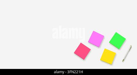 Blank sticky notes with pen creative mockup. Minimalist paper memo layout on grey background with copy space for corporate messaging Stock Photo