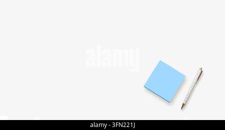 Blank sticky notes with pen creative mockup. Minimalist paper memo layout on grey background with copy space for corporate messaging Stock Photo