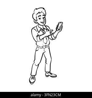This clean black and white outline vector shows a businessman pointing at a smartphone. Ideal for mobile app promotion banners, technology presentatio Stock Vector