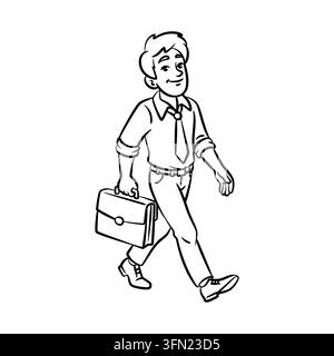 This clean black and white outline illustration features a businessman walking with a briefcase. Ideal for corporate commute banners, job seeker prese Stock Vector