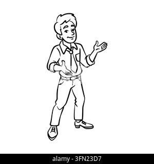This clean black and white outline vector shows a businessman explaining with open hands. Ideal for business presentation slides, corporate explainer Stock Vector