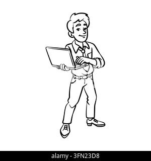 This clean black and white outline illustration features a businessman using a laptop. Ideal for IT support landing pages, remote work blogs, and soft Stock Vector