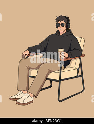 Vector illustration of a young man relaxing in a lounge chair with sunglasses, headphones and a takeaway coffee cup, flat cartoon style Stock Vector