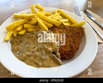 Traditional German schnitzel served with crispy fries and a rich mushroom hunter sauce. The golden breaded meat is accompanied by savory sauce contain Stock Photo
