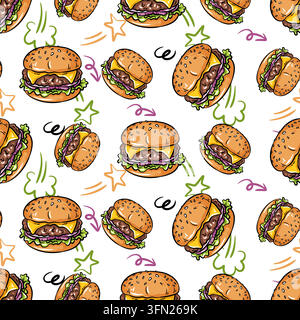 A repeating seamless pattern of delicious burgers combined with playful doodle elements featuring vibrant vector styles. Perfect for fast food restaur Stock Vector