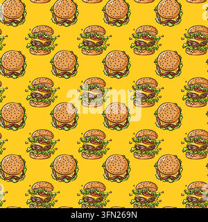 A repeating seamless pattern of delicious burgers on a vibrant yellow background featuring pixel art vector elements. Perfect for fast food restaurant Stock Vector