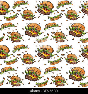 A repeating seamless pattern of dynamic flying fast food burgers featuring hand-drawn vector elements. Perfect for fast food restaurant packaging, caf Stock Vector