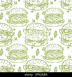 A repeating seamless pattern of green outlined burgers paired with organic magic doodles. Perfect for eco-friendly burger joint packaging, sustainable Stock Vector