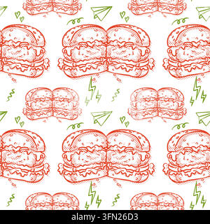 A repeating seamless pattern of red engraved burger sketches paired with playful green doodle elements. Perfect for fast food restaurant packaging, ca Stock Vector