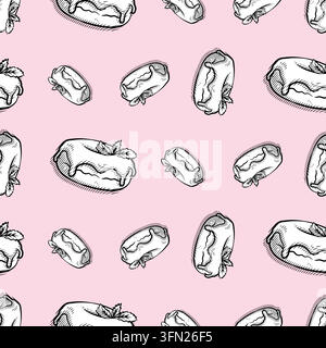 Hand-drawn line art monochrome glazed donut with mint leaves seamless pattern featuring black outlines and detailed engraving on a soft pink backgroun Stock Vector