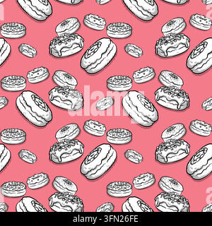 Hand-drawn line art assorted mix donut clusters seamless pattern featuring black outlines and detailed engraving on a coral pink background. Ideal for Stock Vector