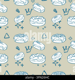 Hand-drawn line art doodle assorted donuts with crowns and sparkles seamless pattern featuring blue outlines on a muted neutral beige-gray background. Stock Vector