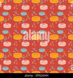 Hand-drawn line art colorful doodle assorted donuts with vibrant elements seamless pattern featuring multi-colored illustrations on a bold red-orange Stock Vector