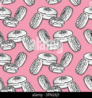 Hand-drawn line art scattered donut clusters seamless pattern featuring black outlines and detailed engraving on a soft pink background. Ideal for bak Stock Vector
