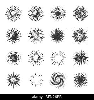 Various heavy charcoal sunbursts and explosion elements featuring dynamic sketch style and graphic impact. Ideal for comic action banners, vintage bad Stock Vector