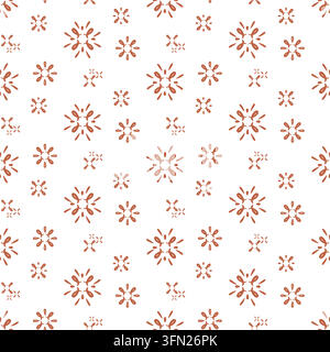 Terracotta floral sunbursts and organic ink splashes arranged in a warm bohemian repeating seamless pattern. Perfect for boho home decor textiles, ter Stock Vector