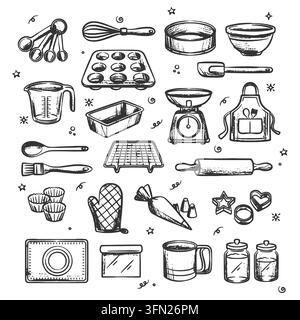 Detailed hand-drawn kitchen tools featuring retro sketch style and decorative elements. Perfect for artisan bakery branding, recipe blog graphics, and Stock Vector
