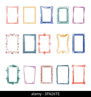 Colorful decorative frames featuring vibrant hand-drawn ink outlines and multi-colored scribble styles. Perfect for children book layouts, party invit Stock Vector