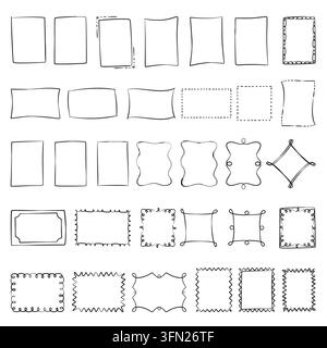 Hand-drawn doodle rectangular frames featuring various playful ink outlines, curly flourishes, and scalloped edges. Perfect for greeting cards, photo Stock Vector