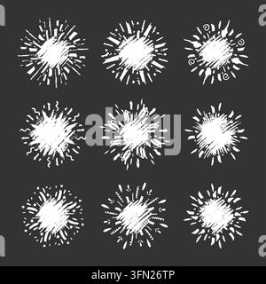 Various white chalk sunbursts and explosion elements featuring dynamic textures on a dark chalkboard background. Perfect for sale announcement badges, Stock Vector
