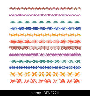 These botanical woodblock printed line borders feature hand-printed distressed vector elements. Perfect for greeting card border styling, apparel hem Stock Vector