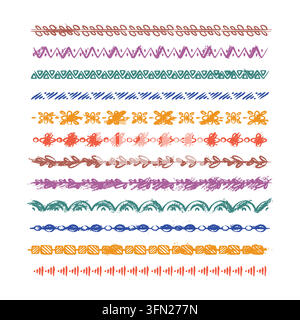 These hand-drawn textured horizontal borders showcase grungy ethnic and floral vector motifs. Ideal for book cover framing, fabric pattern border styl Stock Vector