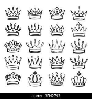 Charming vector pack of hand-drawn doodle crowns featuring casual sketch lines. Perfect for children book illustrations, educational worksheets, and c Stock Vector