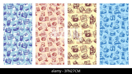 Charming hand-drawn doodle vector featuring coffee drinks and bakery snacks against cheerful colored backgrounds. Ideal for cafe menu designs, coffee Stock Vector