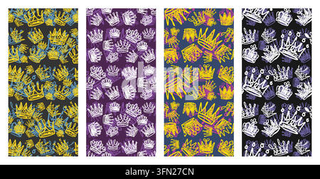 Edgy chalk crayon vector featuring various royal crowns against dark textured backgrounds. Ideal for streetwear apparel prints, modern graphic wallpap Stock Vector