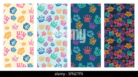 Lively multi-color marker sketch vector featuring various royal crowns against playful patterned backgrounds. Perfect for kids party stationery, child Stock Vector